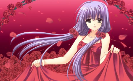 全体的に赤を基調とした色合いで、たくさんの薔薇に囲まれ微笑む少女の表情がどこか儚さを感じさせる一枚です。